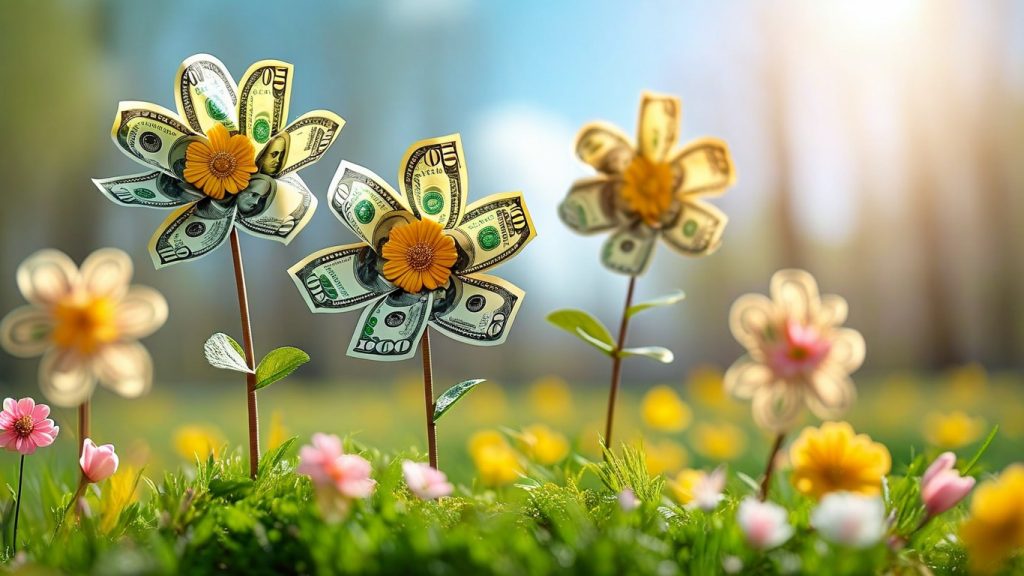 outdoor photo of flowers made of money in a spring