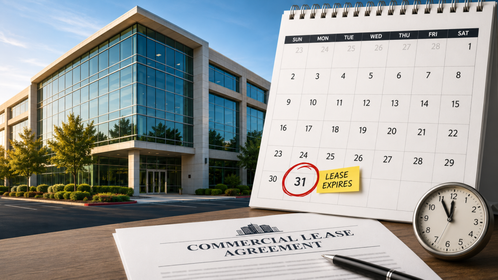 A modern commercial office building, a wall calendar with the 31st circled in red and a "LEASE EXPIRES" sticky note, and a "Commercial Lease Agreement" documen…A modern commercial office building, a wall calendar with the 31st circled in red and a "LEASE EXPIRES" sticky note, and a "Commercial Lease Agreement" document beside a clock, all conveying an approaching lease expiration deadline.